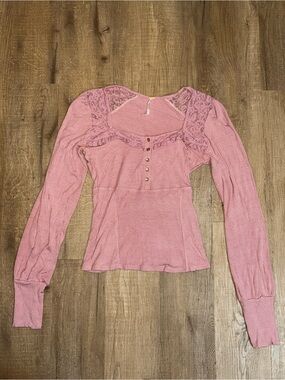 Free People Dusty Pink Lace-Trim Ribbed Long Sleeve Top